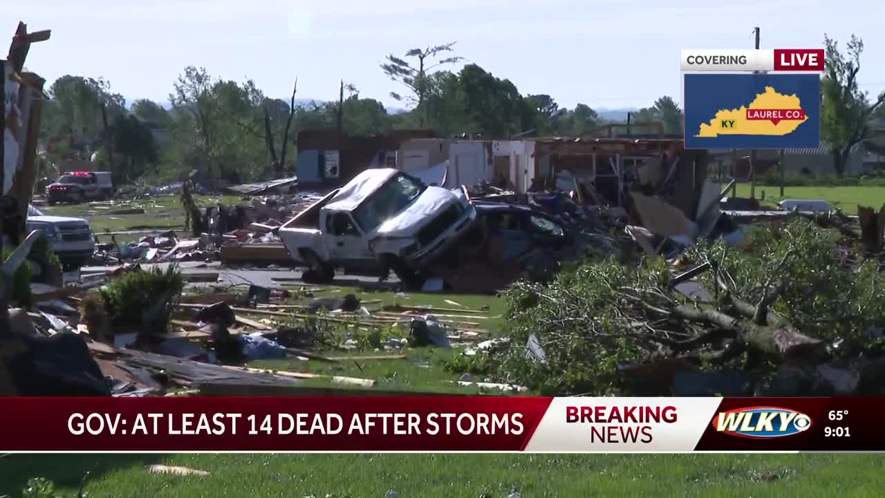 Tornado damage in Laurel County, KY; at least 14 confirmed dead in the state