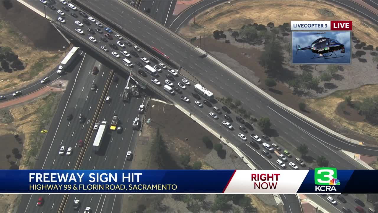 Highway 99 lanes delays after big rig hits sign in Sacramento, officials say