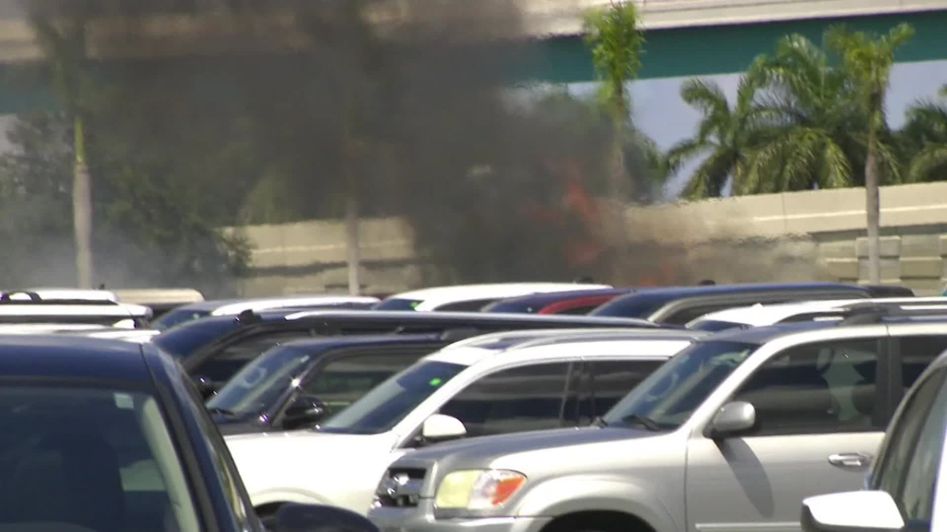 Cars destroyed by fire at Hard Rock Stadium during Patriots-Dolphins