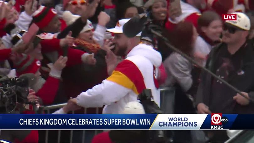 Chiefs' Super Bowl parade in Kansas City: Travis Kelce brings down