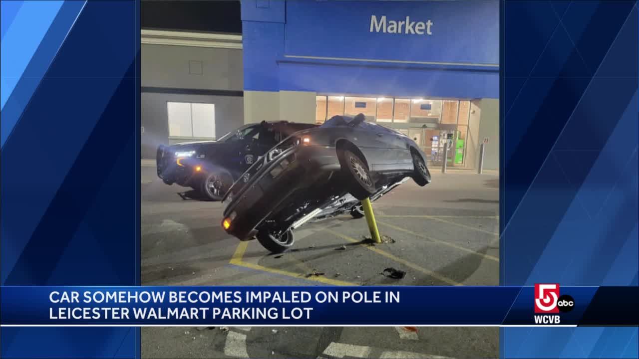 Car skewered by pole in Walmart parking lot in Leicester crash