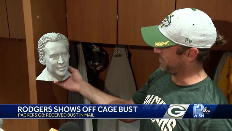 Aaron Rodgers shows off Nicolas Cage bust in his locker