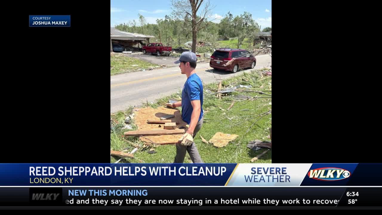 Former UK star, current NBA player Reed Sheppard helps with cleanup in Laurel County, his home area