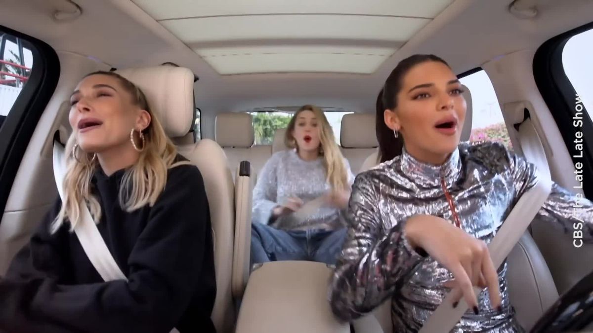 preview for Kendall Jenner, Hailey Baldwin and Miley Cyrus sing 'Party in the USA' on Carpool Karaoke