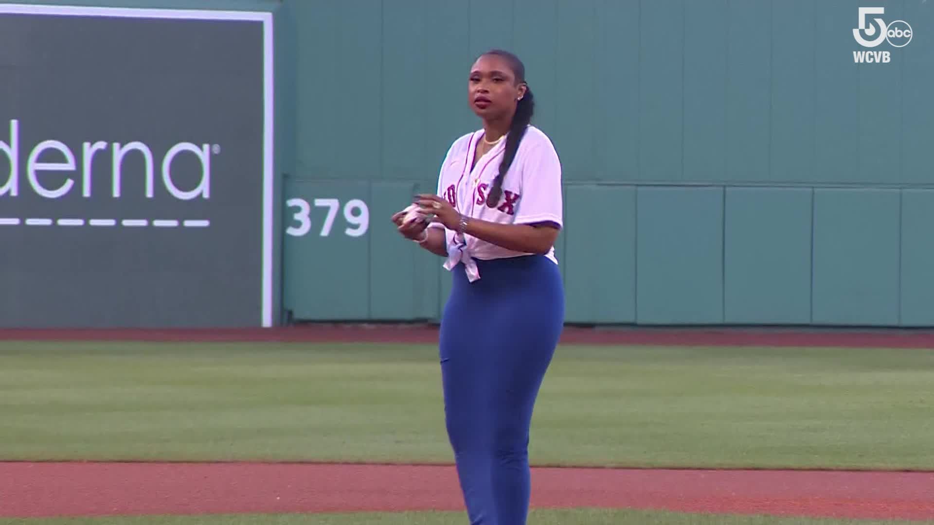 Jennifer Hudson stands for the national anthem with the Boston Red