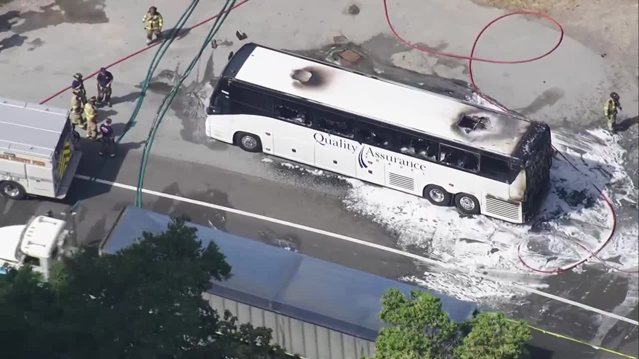 Tour bus carrying 45 children catches fire on Highway 17 in Santa Cruz Mountains