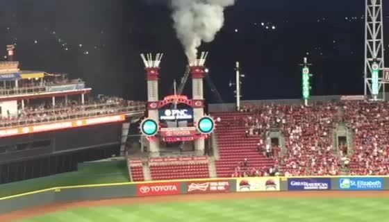 Reds stadium smokestack catches fire during game vs. Giants