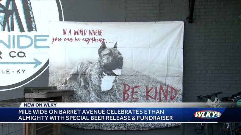 Big banner of Ethan the dog going up in downtown Louisville