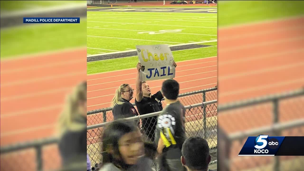 Madill police get in on fun during homecoming football game with 'cheer or go to jail' sign
