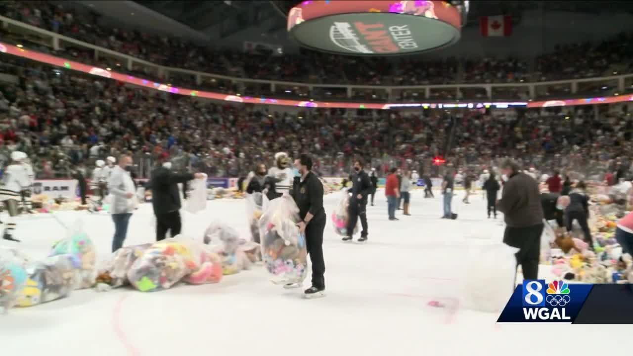 WATCH: More than 50,000 stuffed animals thrown onto ice at hockey game