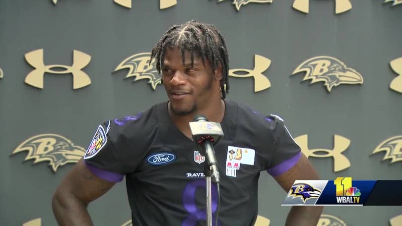 Baltimore Ravens quarterback Lamar Jackson answers questions from the media  after an NFL football training camp practice, Wednesday, July 26, 2023, in  Owings Mills, Md. (AP Photo/Gail Burton Stock Photo - Alamy