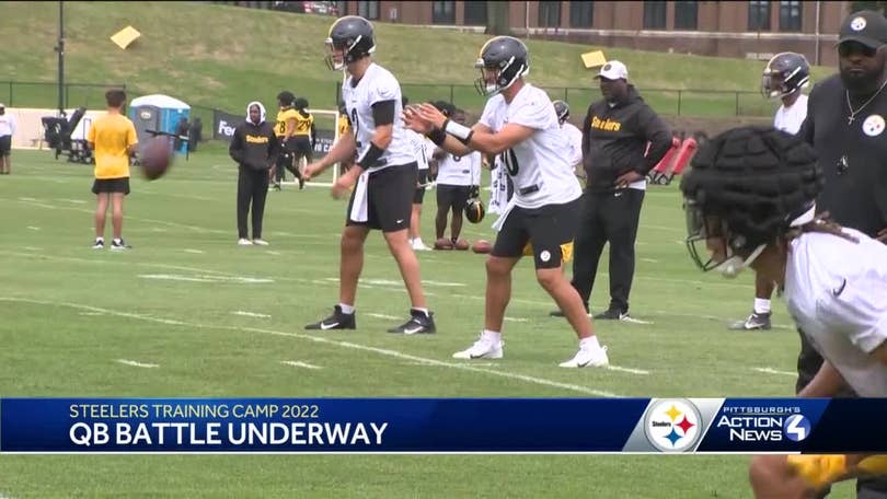 Steelers players wearing caps at training camp