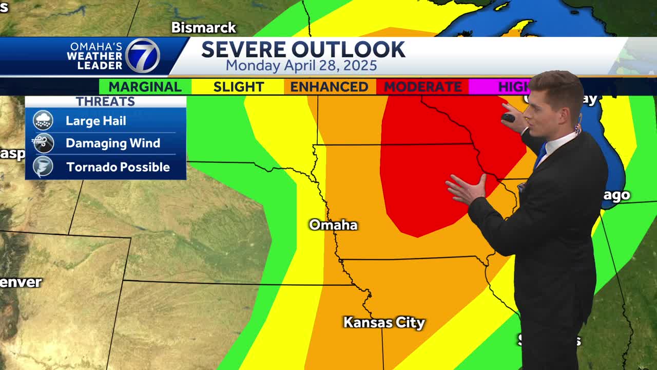 A chance for thunderstorms late Sunday and Monday