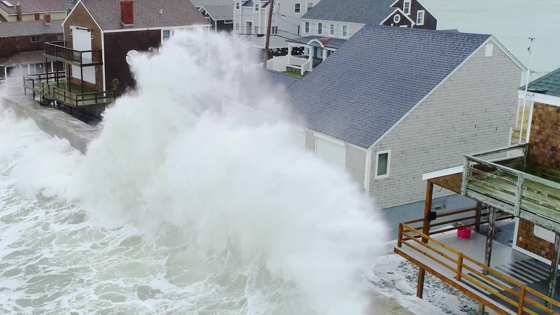 Drone captures waves pounding Massachusetts coastline in winter storm