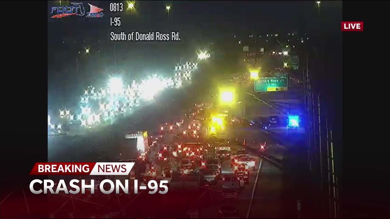 Crash with injuries blocking several lanes on northbound I-95 near Donald Ross Road