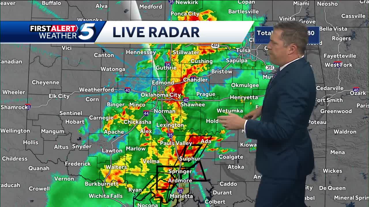 Tornado-warned storms moving across Oklahoma