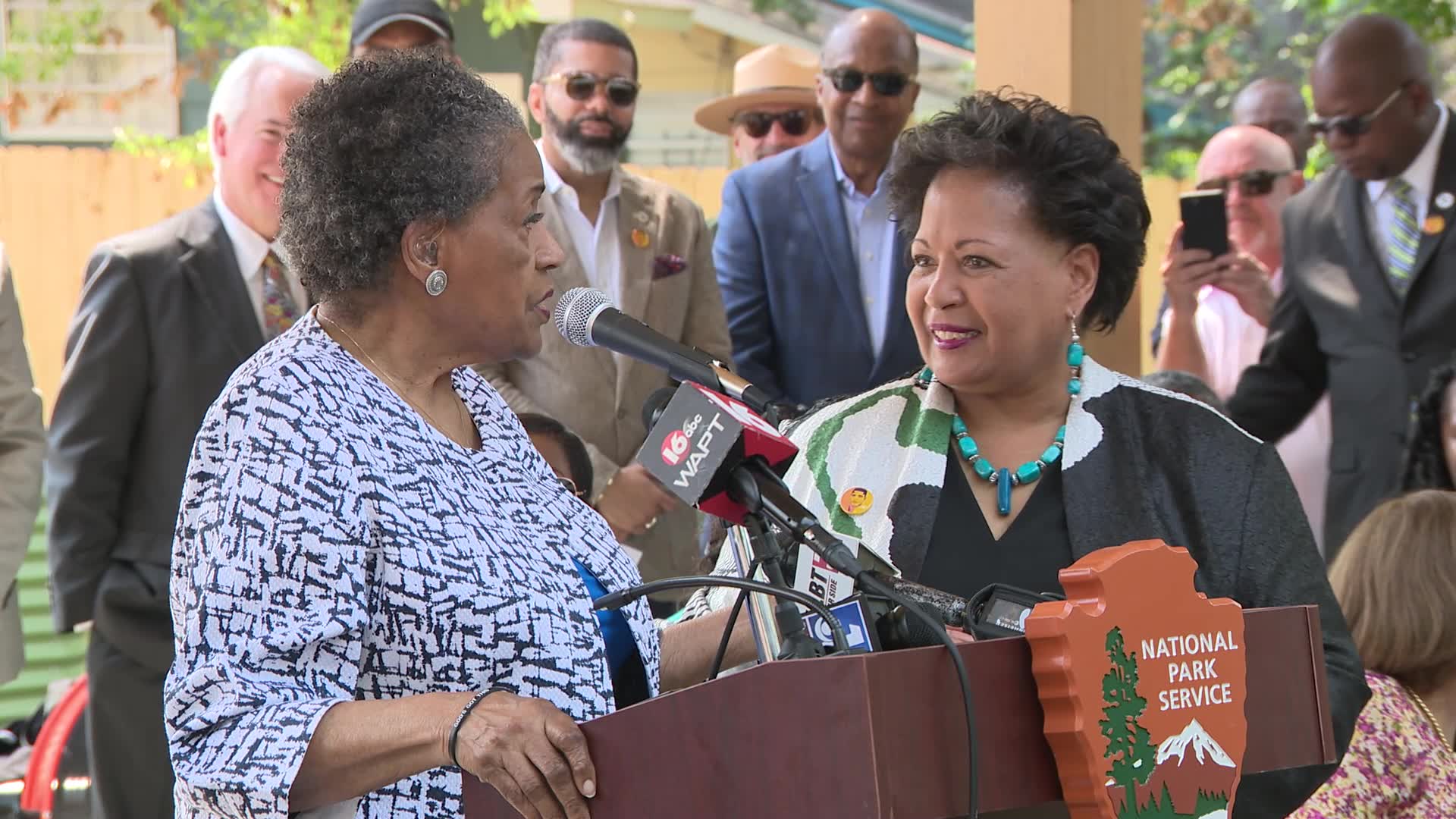 Myrlie Evers speaks outside now national monument