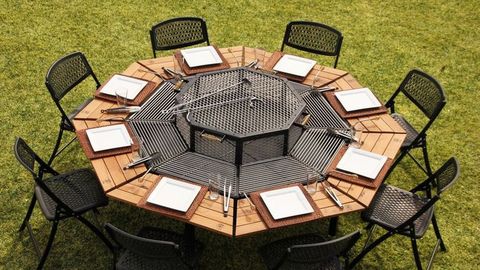 Fire Pit Is A Grill And Dining Table, Outdoor Furniture And Grills