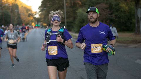 preview for Woman Runs Half Marathon While Blindfolded to Honor Late Sister