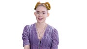 Hair, Purple, Hairstyle, Hair accessory, Headpiece, Headband, Ear, Headgear, Neck, Smile, 