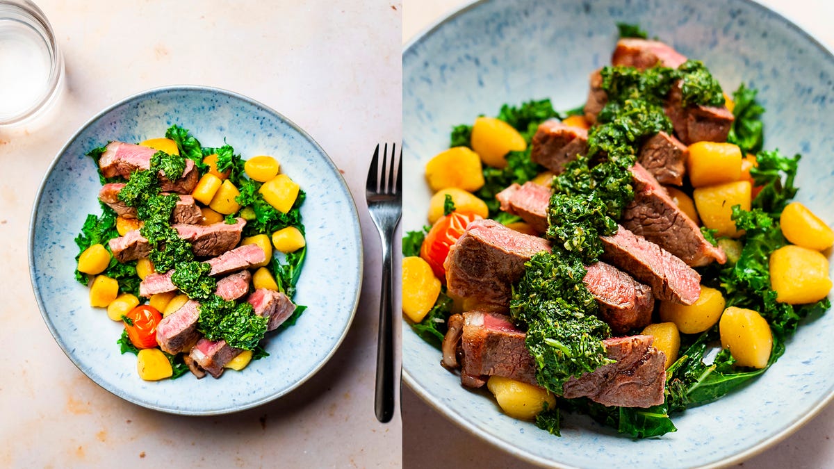 fried gnocchi and steak with salsa verde
