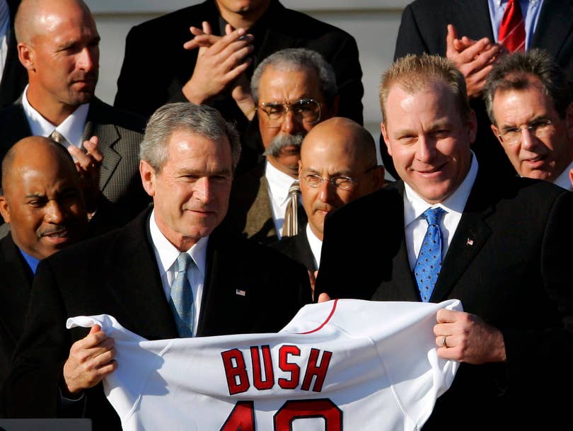 President Donald Trump shakes hands with Boston Red Sox outfielder J. D.  Martinez as he welcomes the 2018 World Series Champions Boston Red Sox,  during a ceremony honoring them at the White