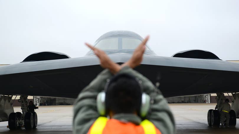 B-2 Spirit performs a flyover before AFC Divisional Playoff game 