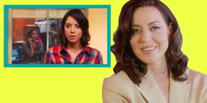 aubrey plaza in front of yellow background