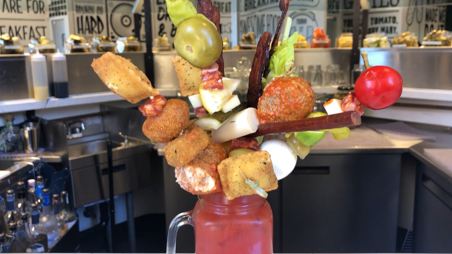 Bloody mary pitcher in Las Vegas is topped with a full meal