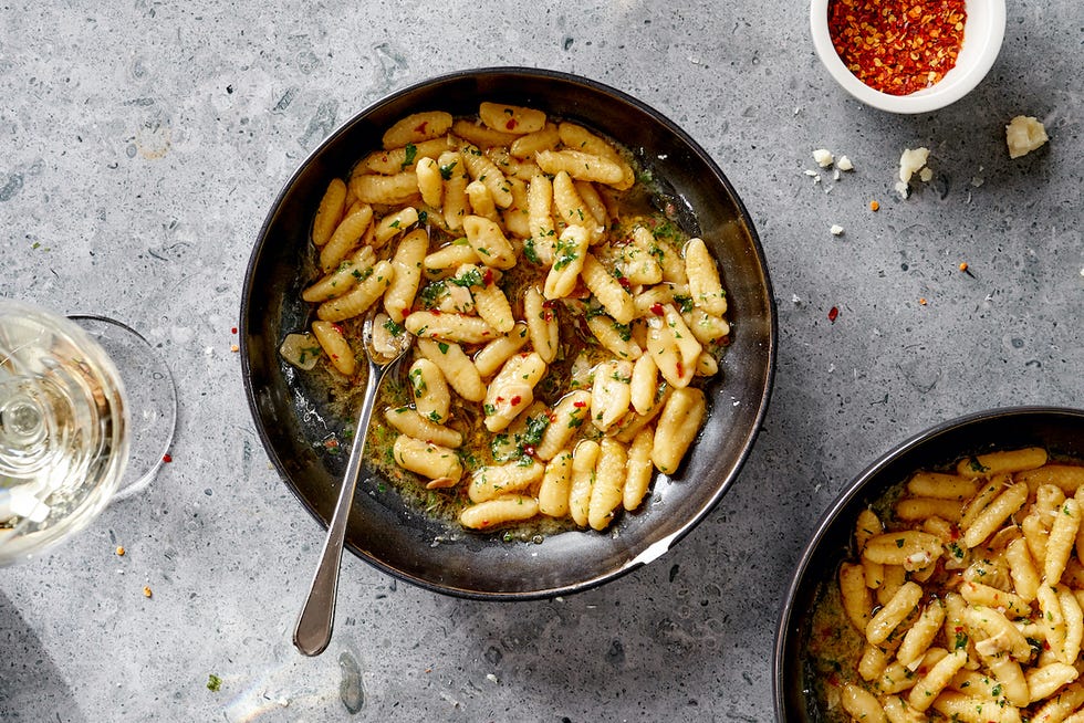 bowl of homemade cavatelli with garlic chili oil