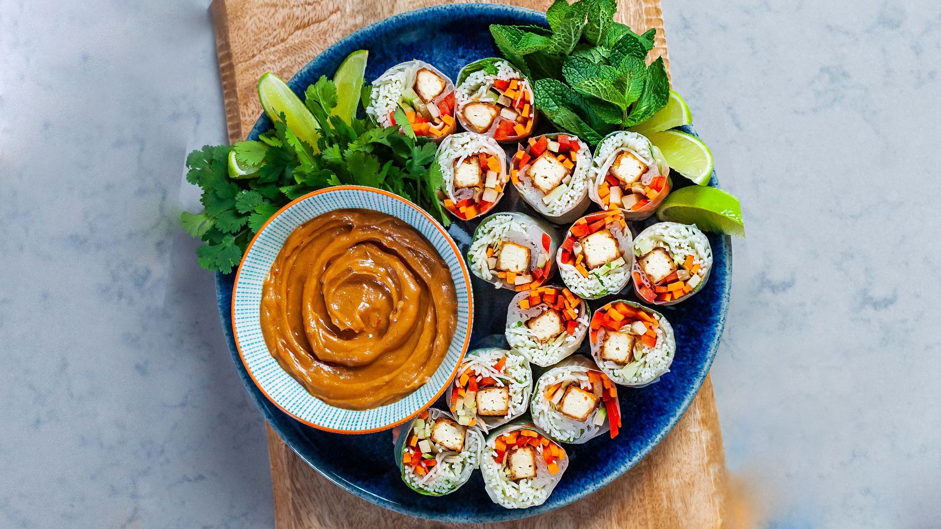 Rice Paper Rolls with Sriracha Baked Tofu and Peanut Dipping Sauce