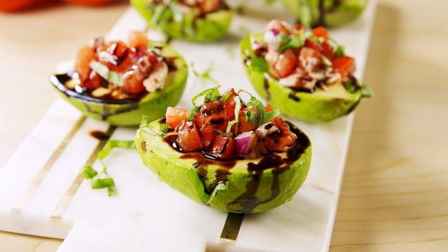 Bruschetta chicken stuffed avocados horizontal