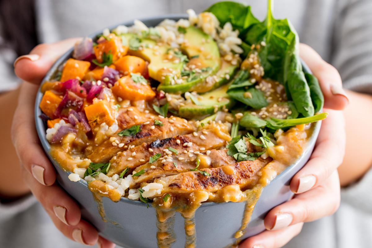 chicken sweet potato rice bowl