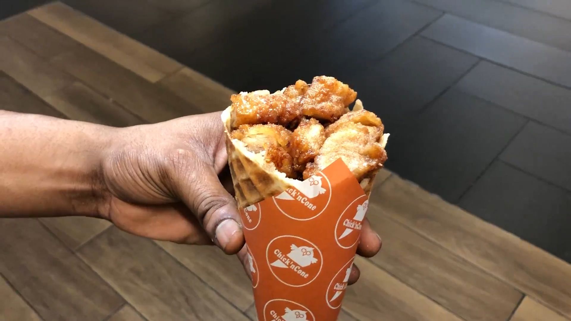 Fried chicken waffle cones at Chick'nCone in New York City