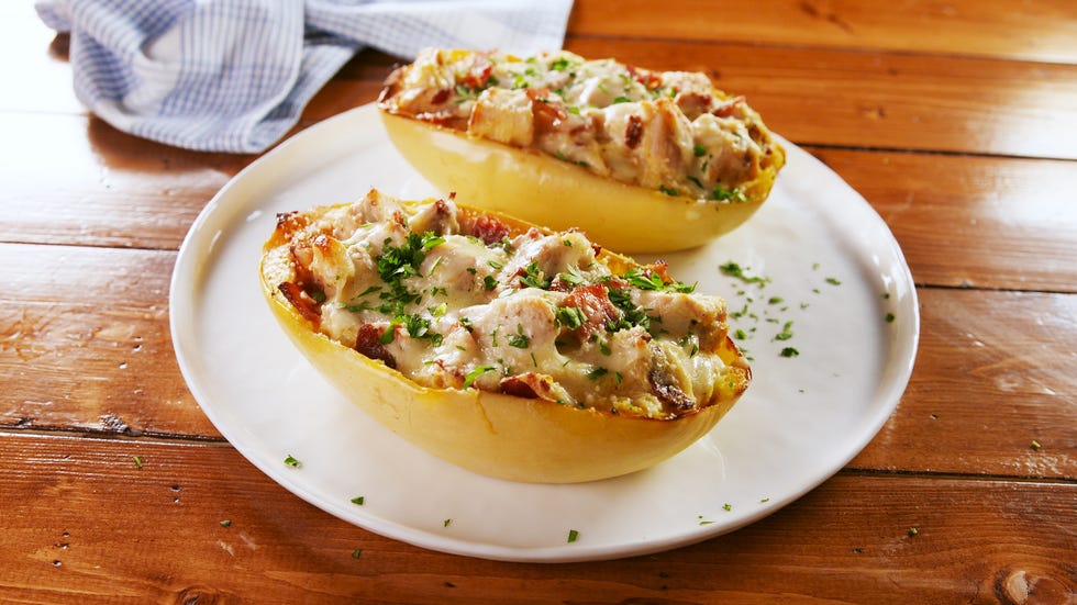 chicken bacon ranch spaghetti squash boats delishcom