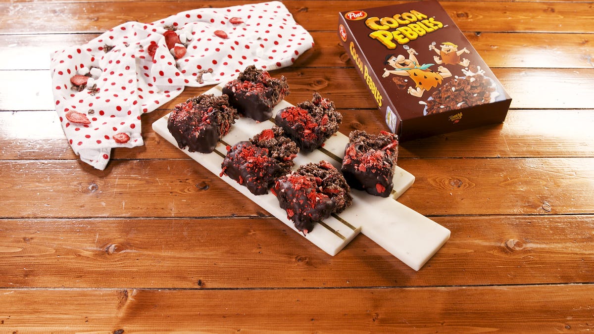 preview for Chocolate Covered Strawberry Cocoa PEBBLES™ Treats I Delish + PEBBLES