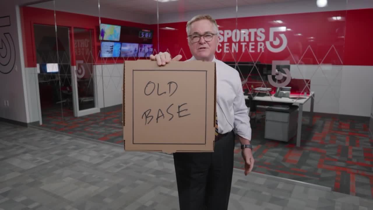 Ed Harding uses a pizza box to show size change of MLB bases