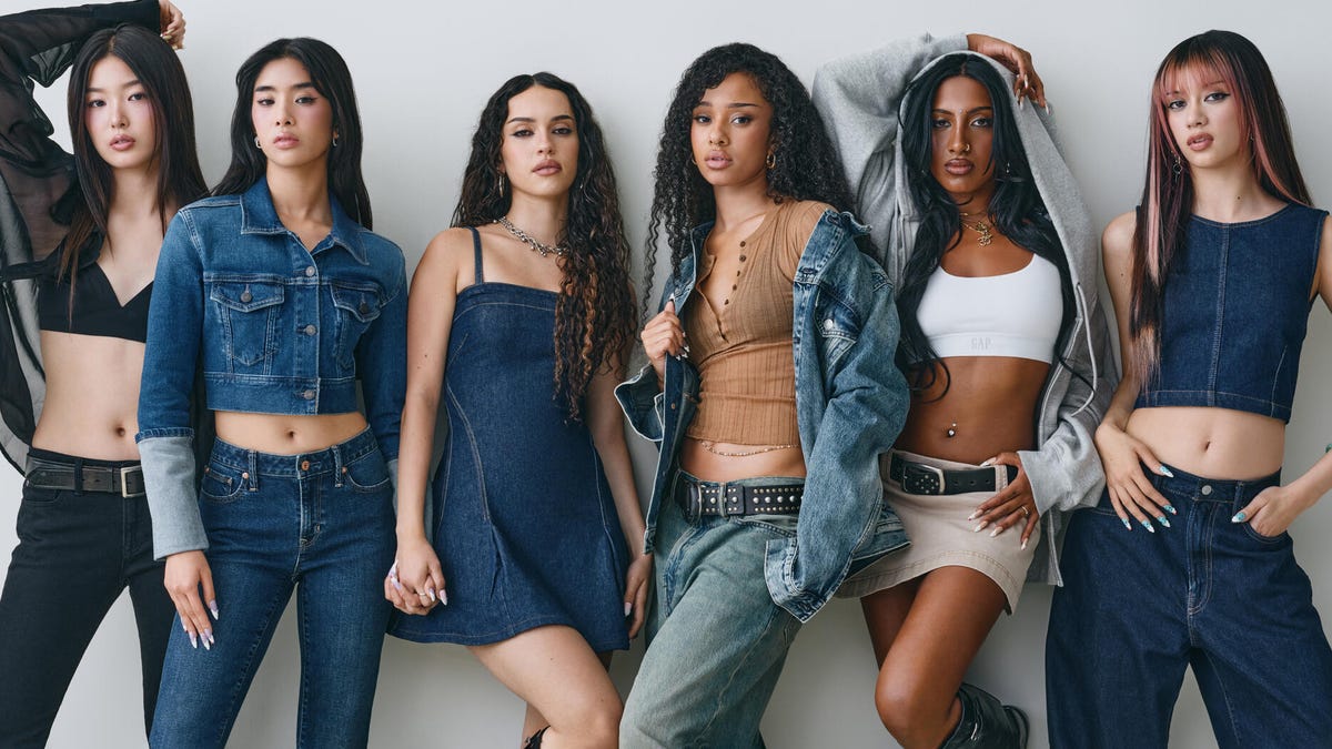 katseye poses for gap with daniela, lara, manon, megan, sophia, and yoonchae all wearing gap denim