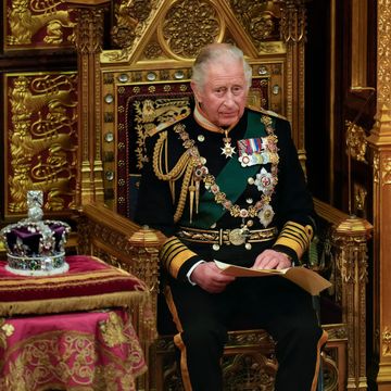london, england may 10 prince charles, prince of wales reads the queen's speech next to her imperial state crown