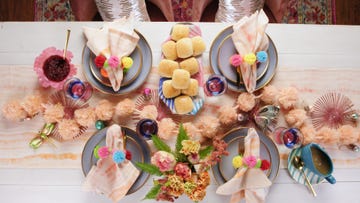 Cut flowers, Tableware, Flower, Fashion accessory, Plant, Peach, Table, Brunch, Jewellery, Feather, 