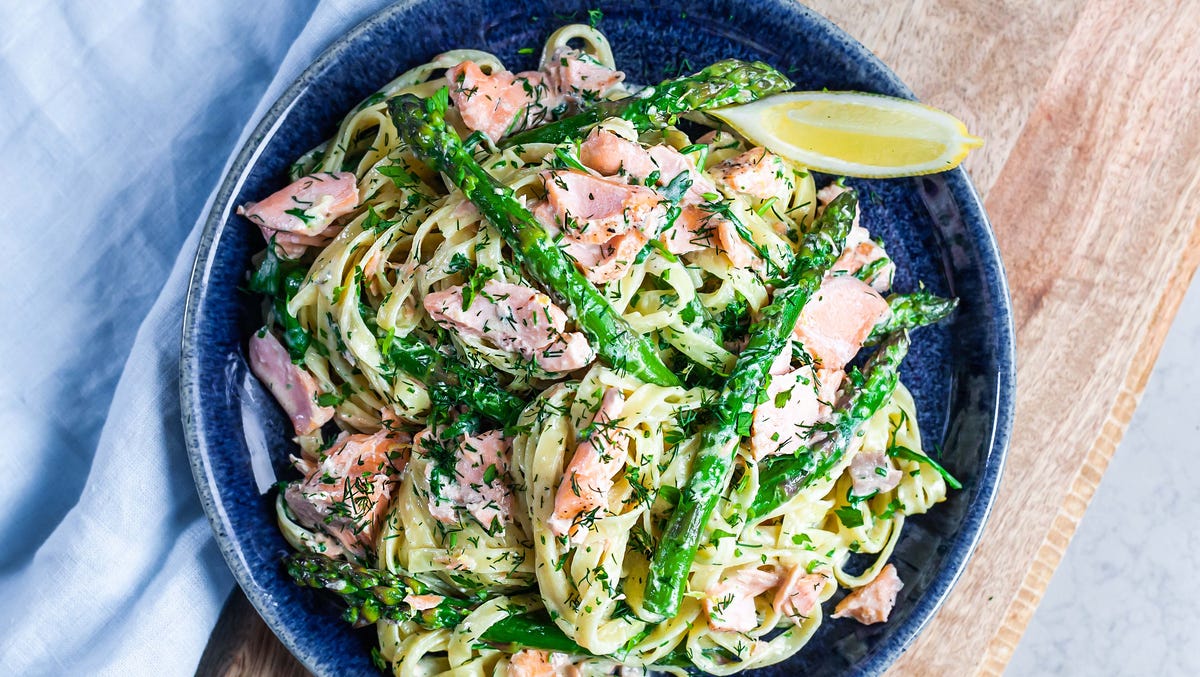 Video player poster image preview for Tequila Tagliatelle with Salmon, Asparagus & Rocket