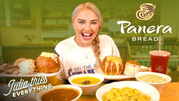 julia is trying all of panera bread's most famous menu items including the bread bowls, mac and cheese, broccoli cheddar soup, sandwiches, salads and so much more yes, she also tries the infamous broccoli cheddar mac  cheese, do not worry