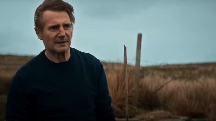 liam neeson in the land of saints and sinners movie, his character stands in front of a field and looks concerned
