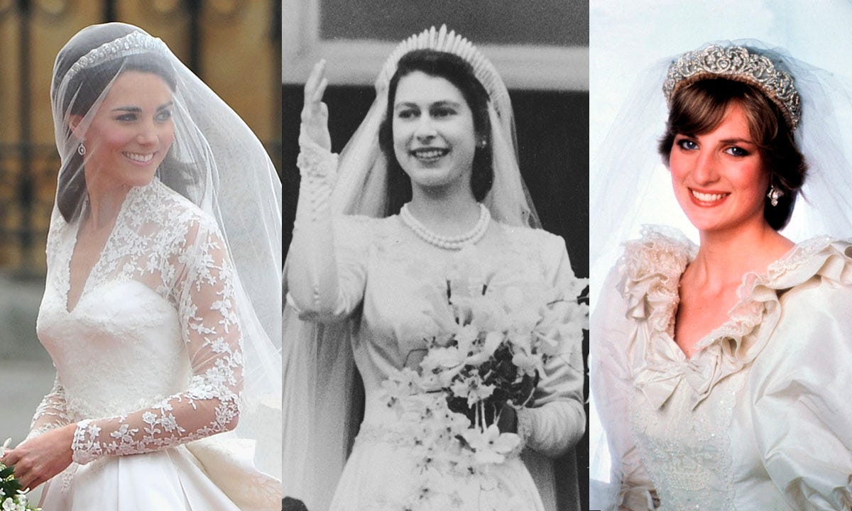 Kate, Reina Isabel II, Princesa Diana, duquesa de Cambridge, vestidas de novia