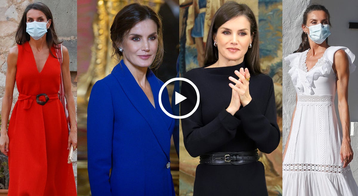 letizia ortiz con cuatro de los modelos que ha lucido en 2020 el video muestra los mejores looks de estreno y reciclados de 2020 de la reina de españa