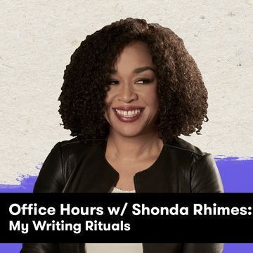 shonda rhimes with a plain texture background and the title of the video