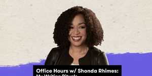 shonda rhimes with a plain texture background and the title of the video