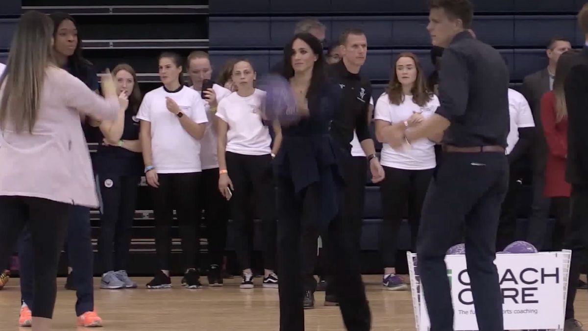 preview for The Duchess of Sussex plays netball in high heels