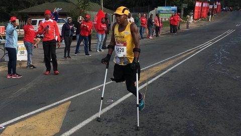 preview for Amputee Runner Completes Comrades Marathon on His Crutches
