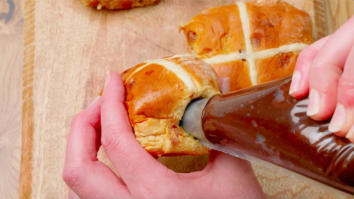 preview for Stuffed Hot Cross Buns Recipes: Apple Crumble, Double Chocolate and Whipped Feta Dip